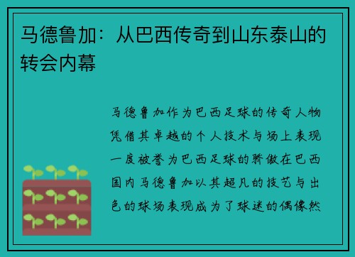 马德鲁加：从巴西传奇到山东泰山的转会内幕
